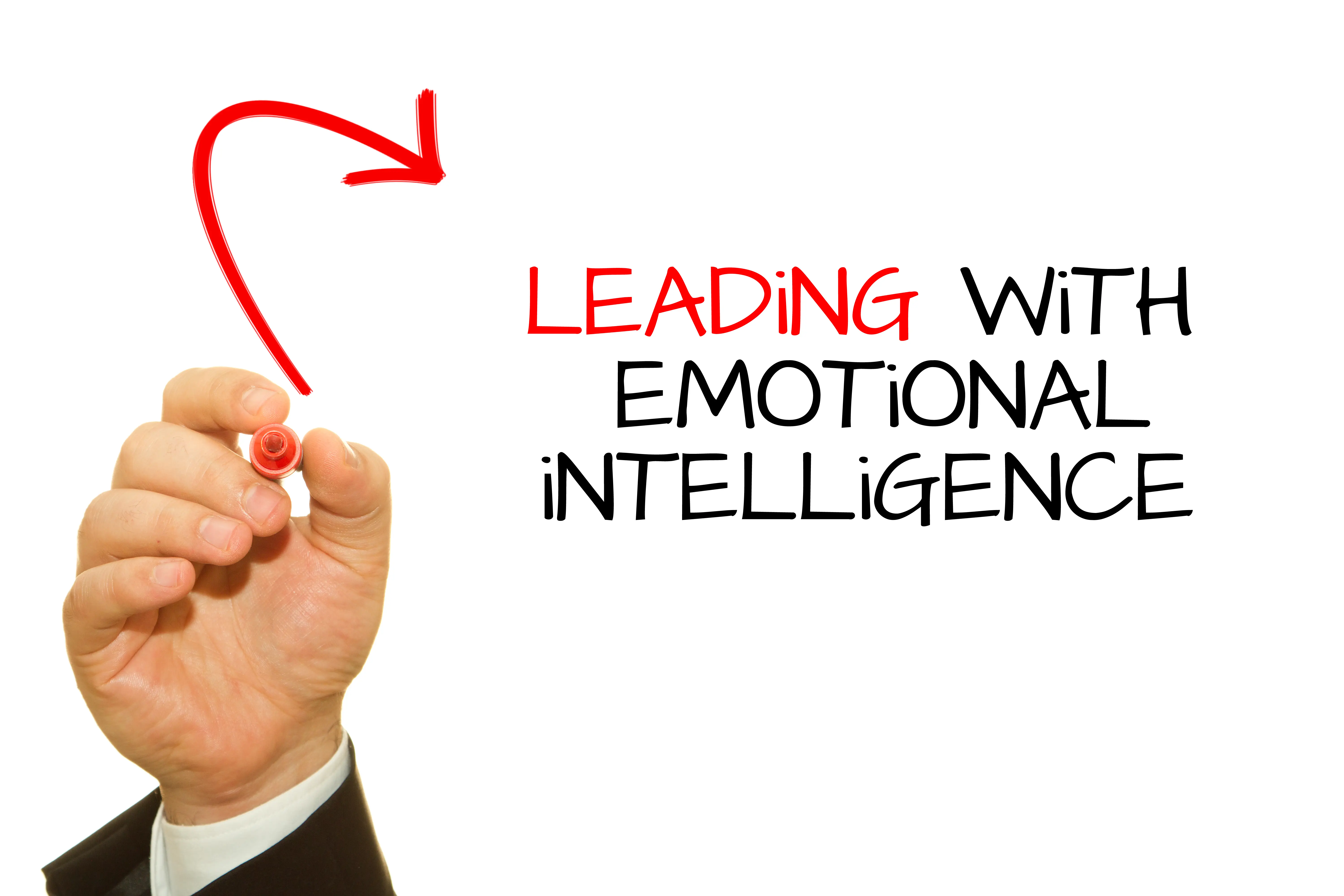 A Life Coach Writing “Leading with Emotional Intelligence” on a Whiteboard.