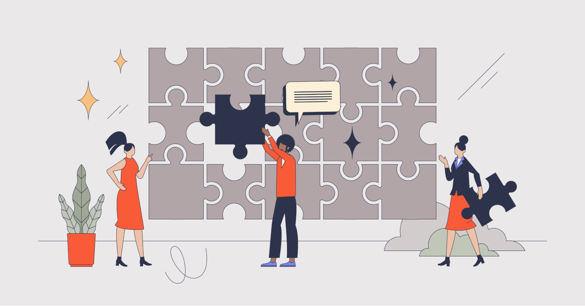 Team members holding puzzle pieces to build a wall, symbolising collaboration and the beginning of an agile leadership journey.