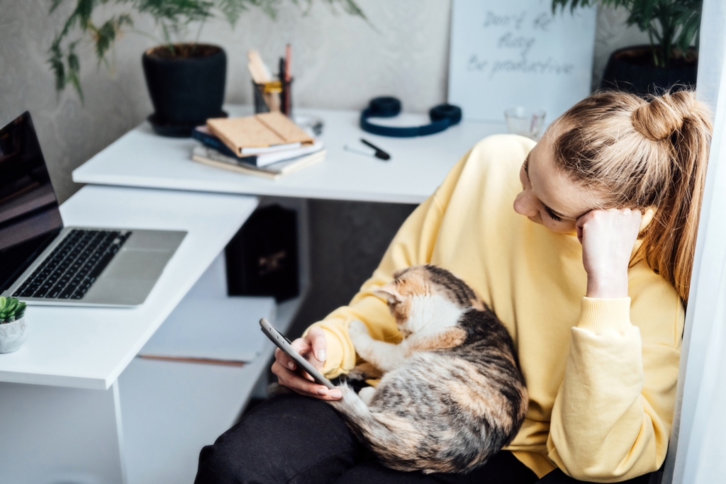 Person with a cat, reflecting the challenge of procrastination and the struggle to stay productive.