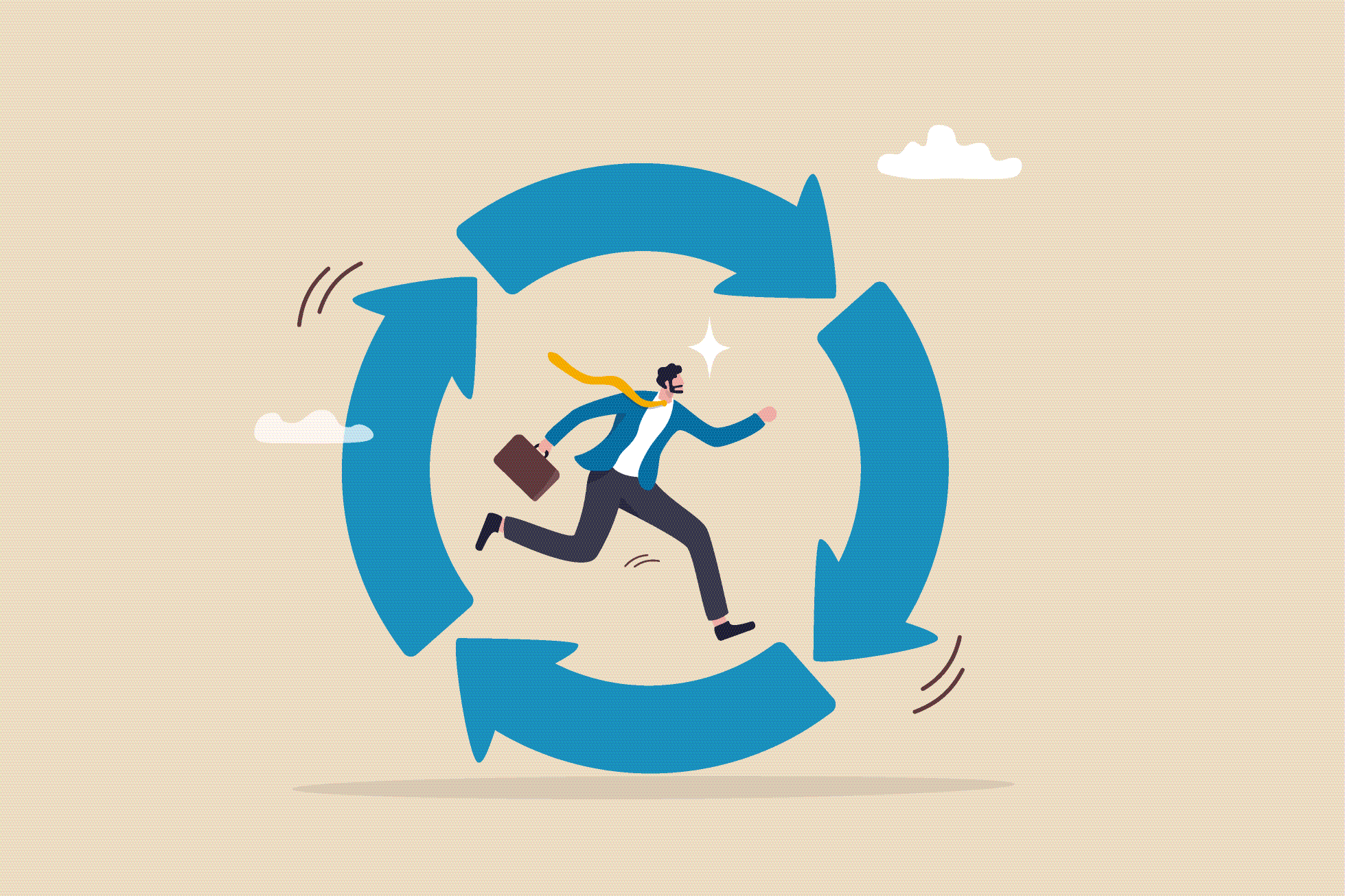 A businessperson running inside a cycle of arrows, symbolising adaptability and continuous learning in leadership.