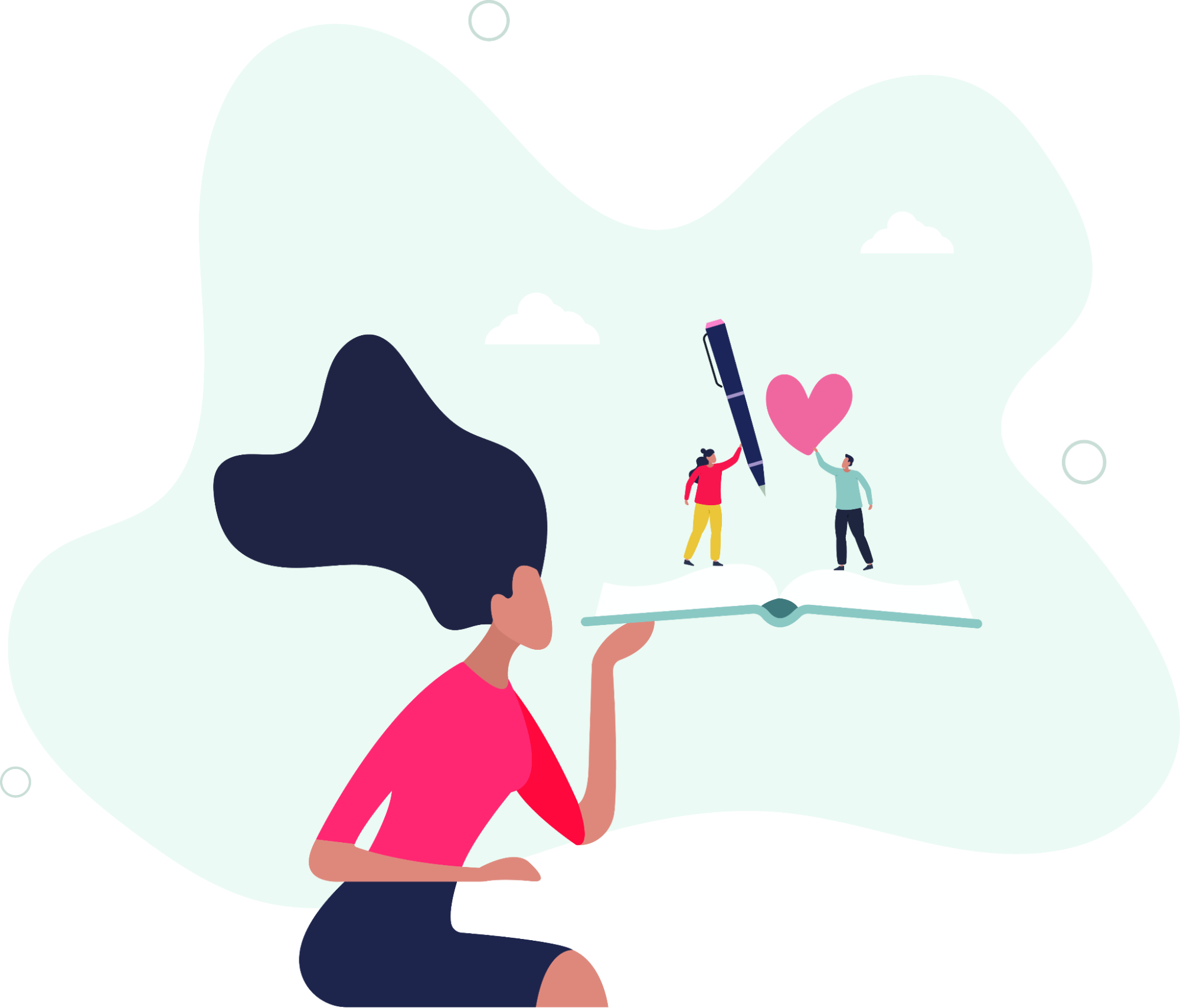 A woman holding an open book with two figures drawing a heart to express daily gratitude.