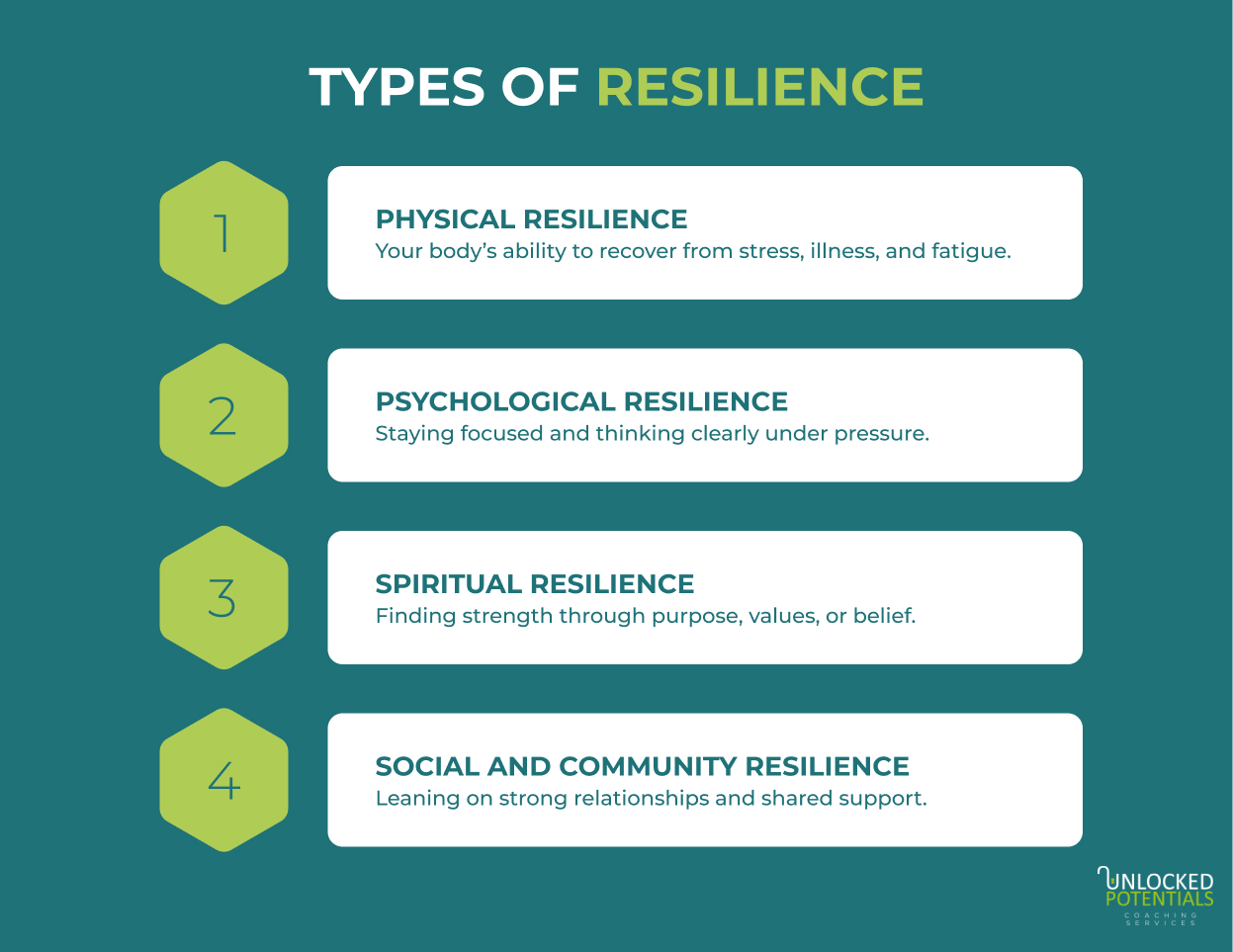 4 different types of resilience including physical, psychological, spiritual, and social and community resilience