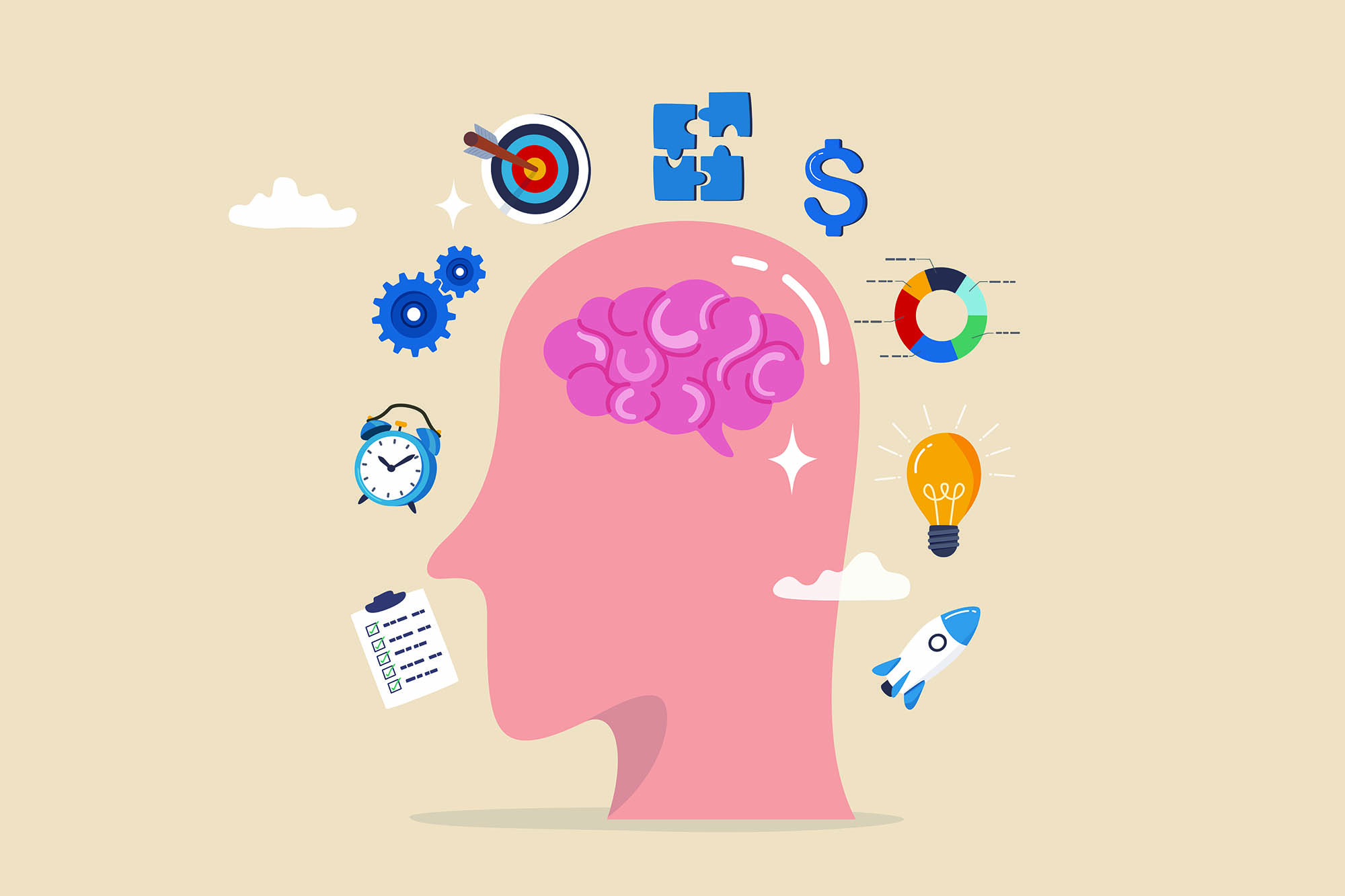 Illustration of a human mind surrounded by planning and goal icons, representing steps to build a personal growth plan.