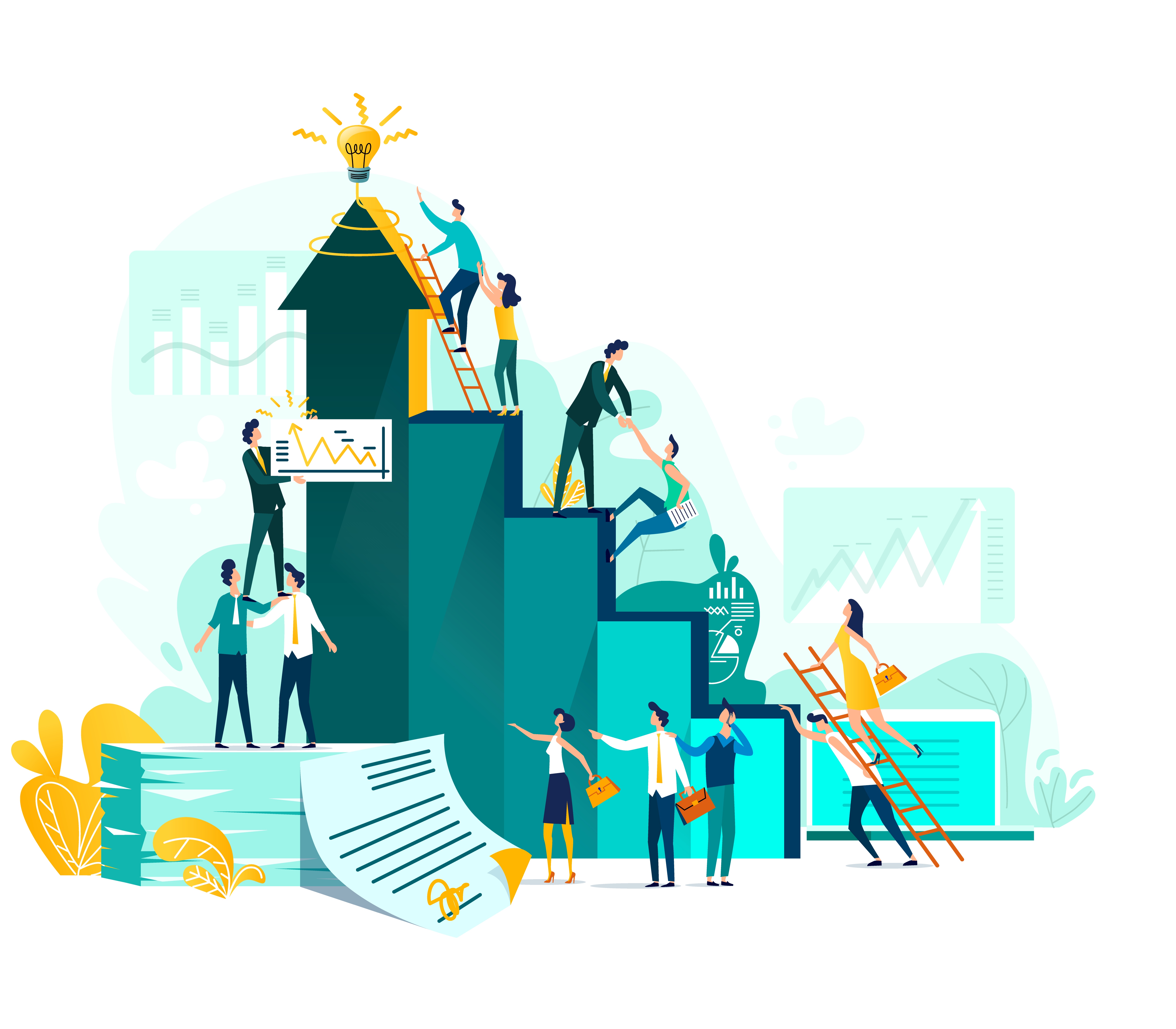 Goal achievement and career growth for development of project, idea vector flat cartoon illustration. Ladder of success and climbing people