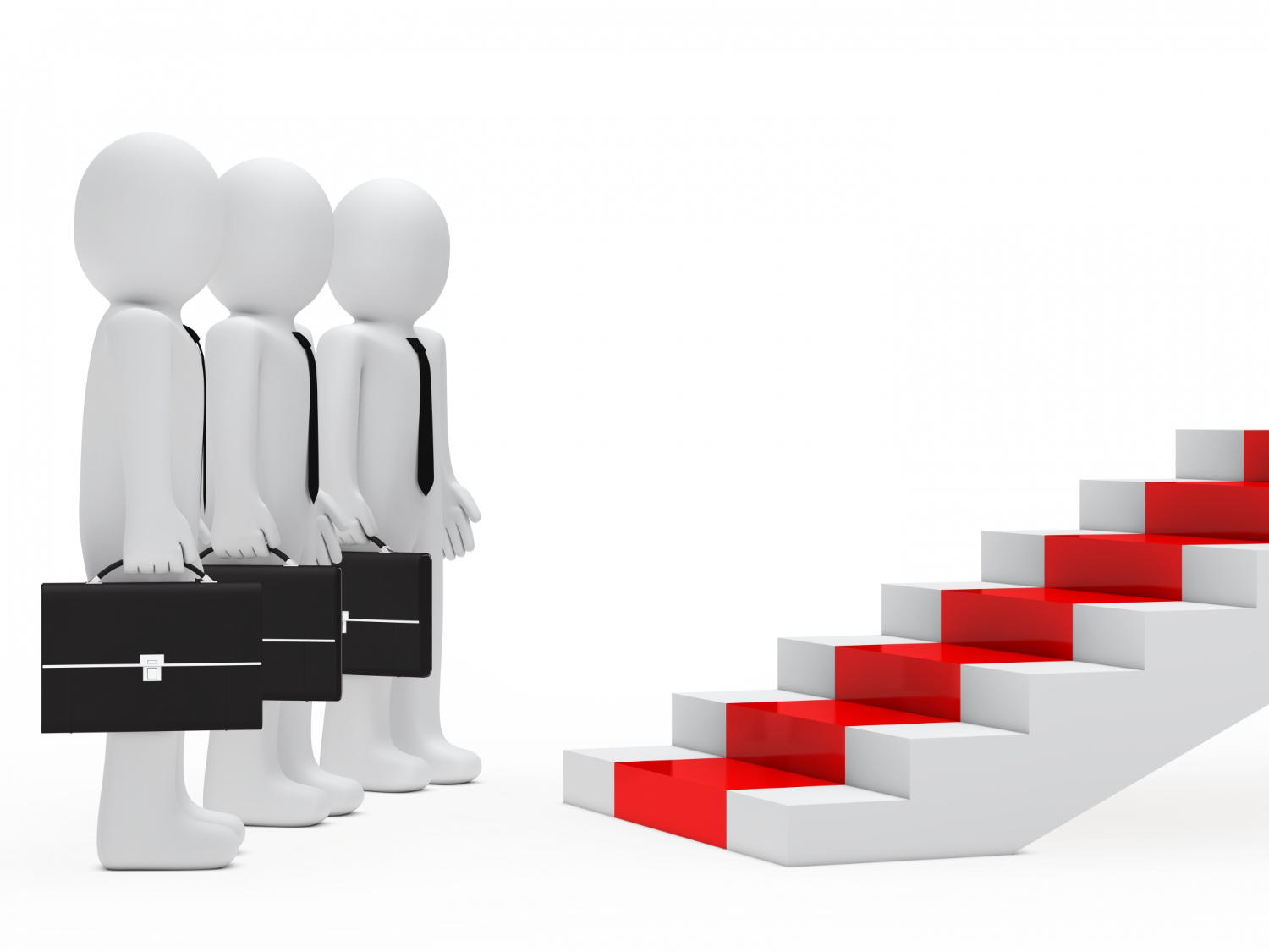 3D figures in business attire standing before a staircase for career change.