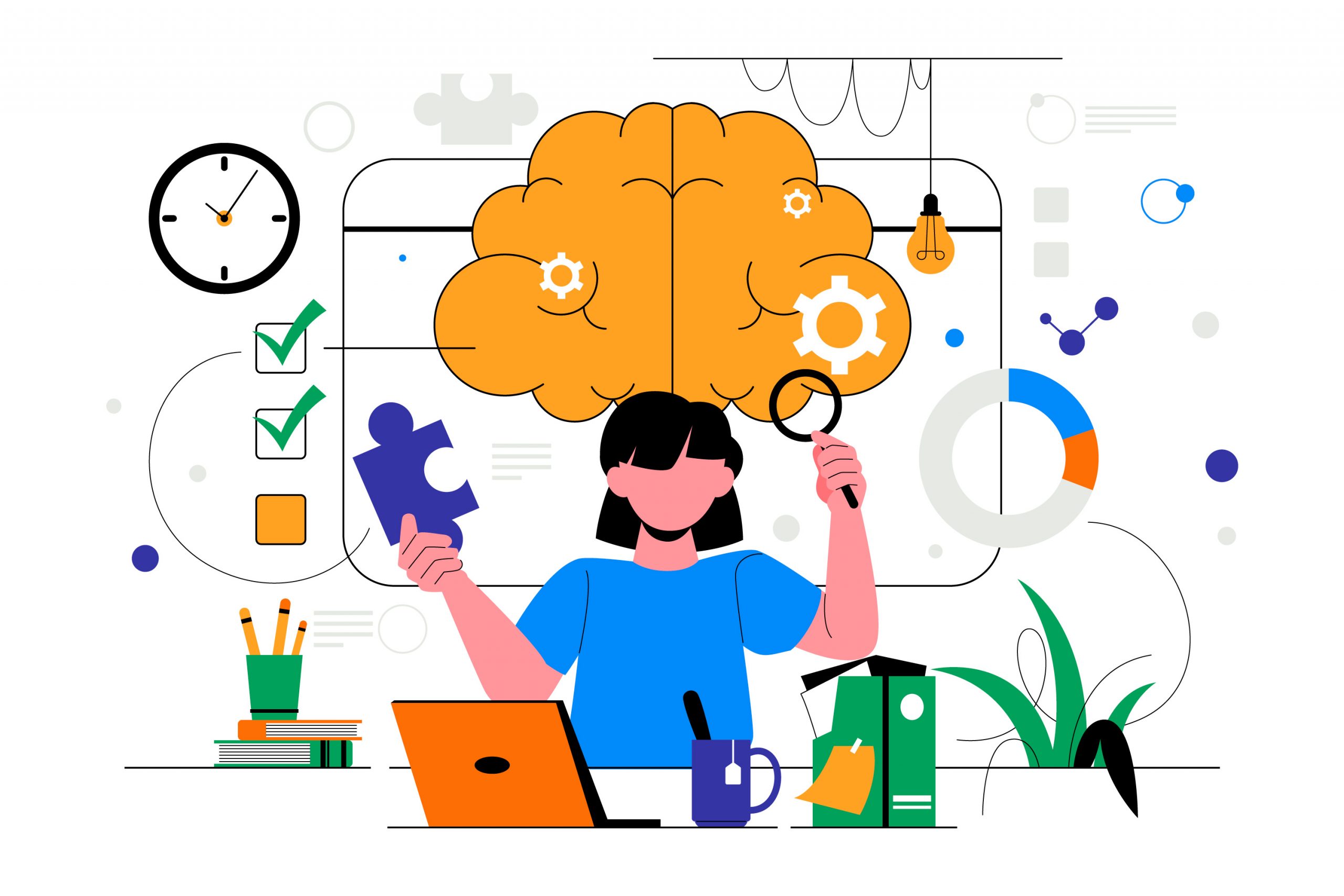 person holding a puzzle piece and magnifying glass with a brain graphic, symbolising problem-solving and analytical soft skills