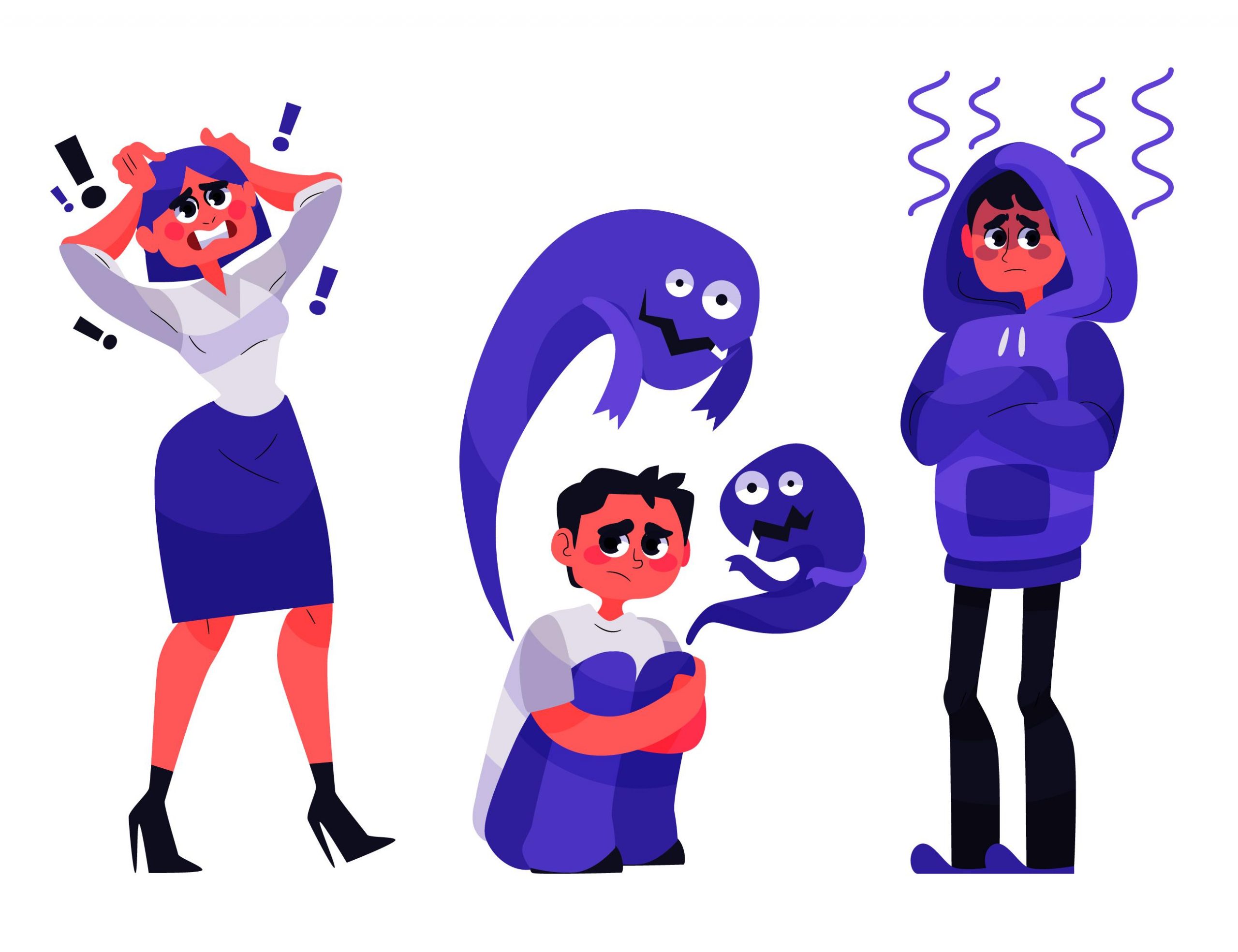 Illustration of people showing anxiety and self-doubt with shadowy figures, symbolising imposter syndrome.