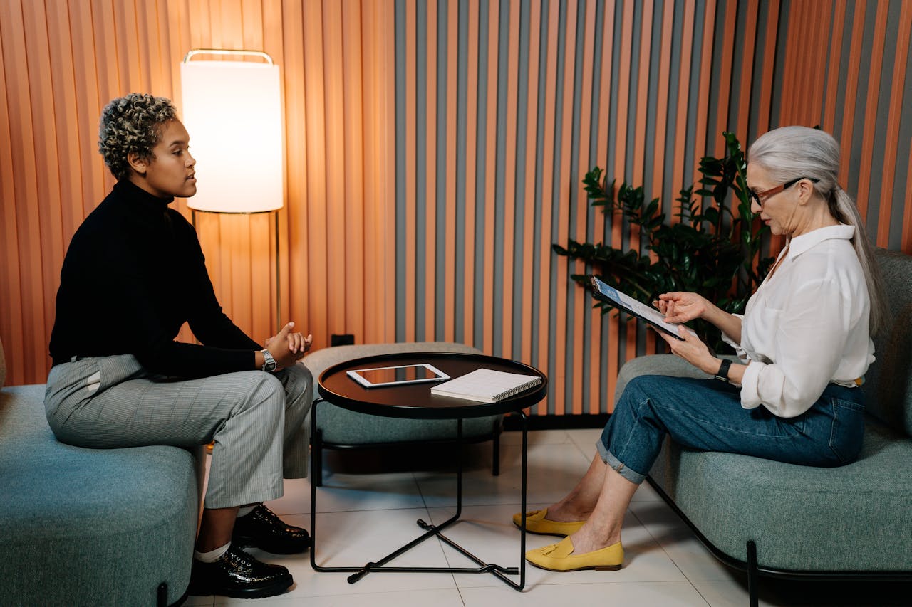 Candidate in a job interview responding to interview questions and answers in a professional setting